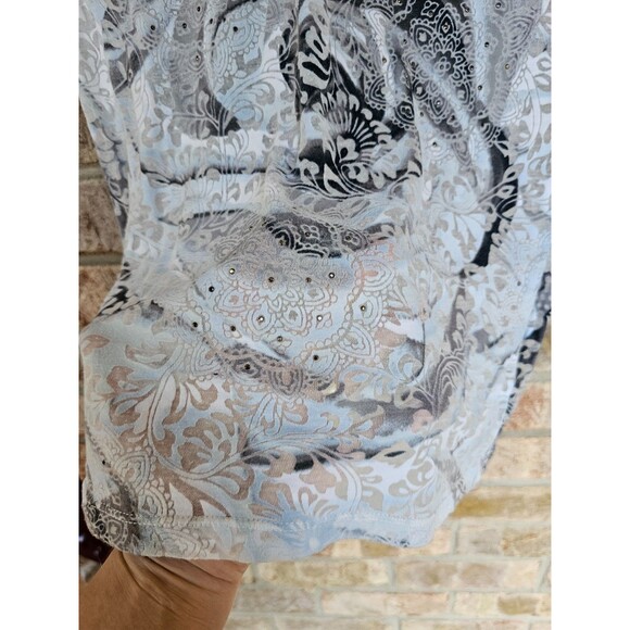 ALK Women's M Calvin Klein Sheer Rose Themed Studded SS V-Neck tee T-Shirt Top - Picture 4 of 6